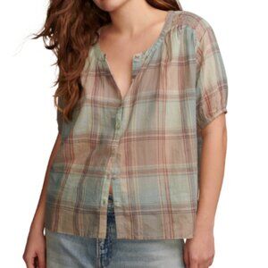 NEW Lucky Brand Womens S Cotton Plaid Smocked-S Ginger Root Plaid Sheer